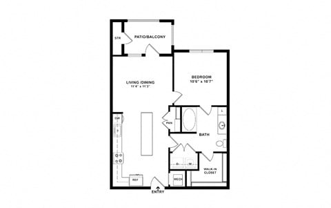 Floor plan for 1 bed, 1 bath, 682 sqft